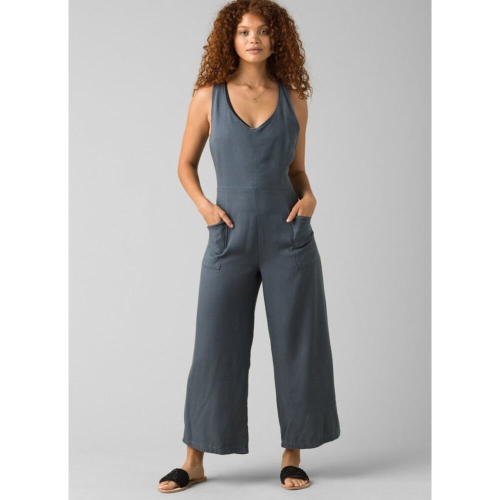 Prana Bahia Tencel Criss Cross Open Back Wide Leg Patch Pocket Jumpsuit XL